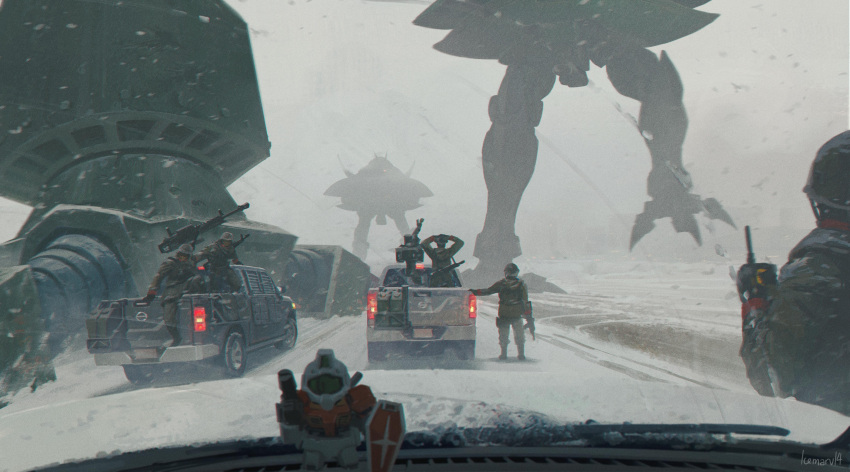 5boys absurdres artist_name assault_rifle big_zam car_interior combat_helmet commentary english_commentary from_inside gun gundam gundam_0083 hands_on_own_head heavy_machine_gun helmet highres holding holding_gun holding_walkie-talkie holding_weapon icemarv14 machine_gun manually-operated_mounted_gun mecha military_combat_uniform military_uniform mobile_armor mobile_suit_gundam motor_vehicle multiple_boys pickup_truck powered_gm rifle robot science_fiction snowing soldier technical toy truck walker_(robot) walkie-talkie walking weapon