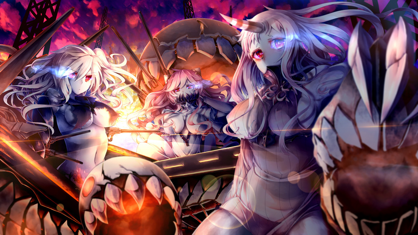 absurdres aircraft_carrier_oni bad_id bad_pixiv_id breasts claws dress glowing glowing_eyes highres horn horns kantai_collection kumashou_(nabeyama_kaidou) large_breasts long_hair midway_hime multiple_girls one_side_up red_eyes seaport_hime shinkaisei-kan very_long_hair white_dress white_hair