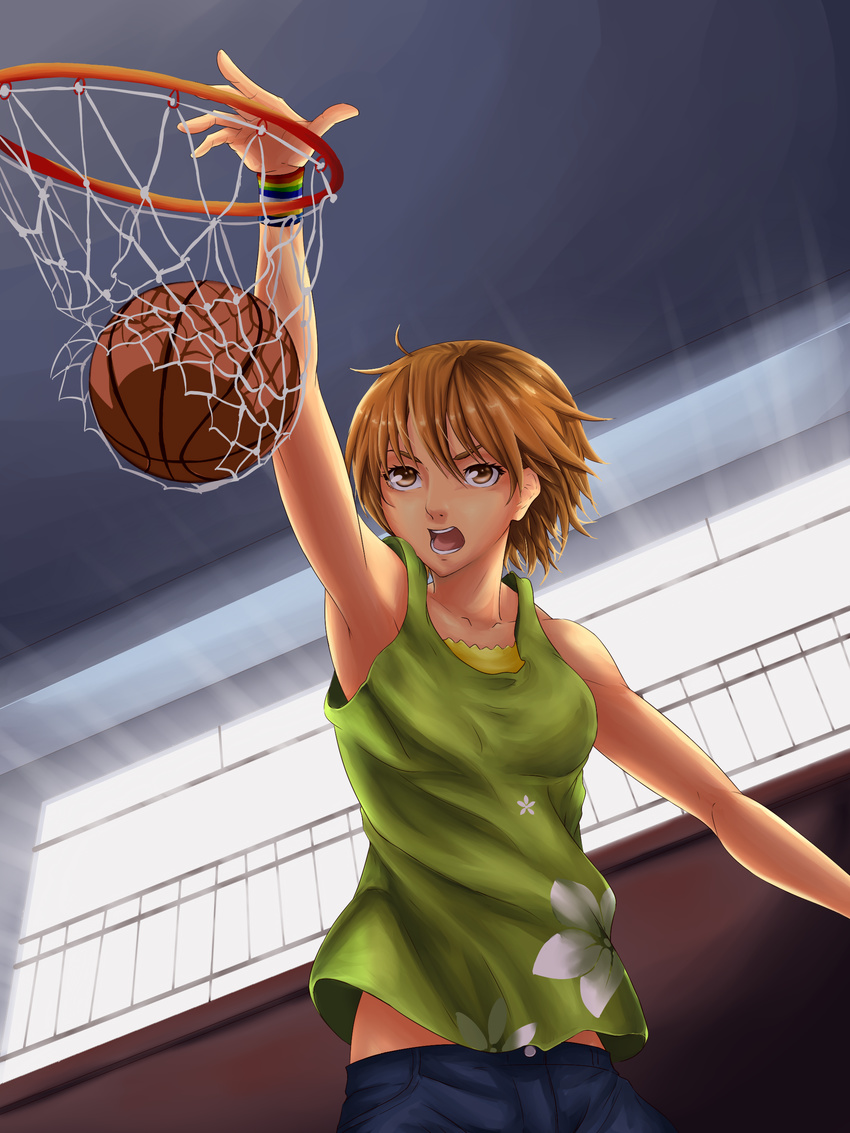 absurdres ball basketball basketball_hoop basketball_uniform brown_eyes brown_hair chinese_commentary commentary_request dunk highres jumping persona persona_4 playing_sports satonaka_chie short_hair shorts solo sport sportswear wristband you_xi_feng