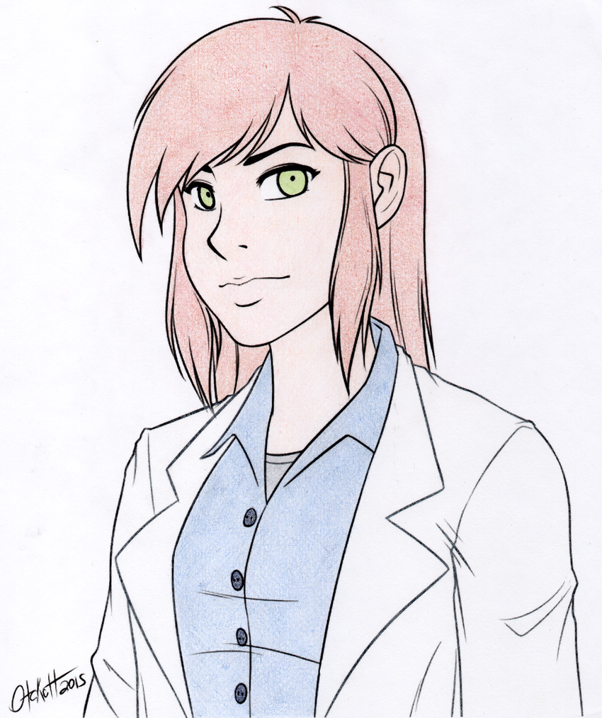 2015 clothed clothing female green_eyes hair human lab_coat looking_at_viewer mammal not_furry otakatt plain_background red_hair sierraar smile solo white_background