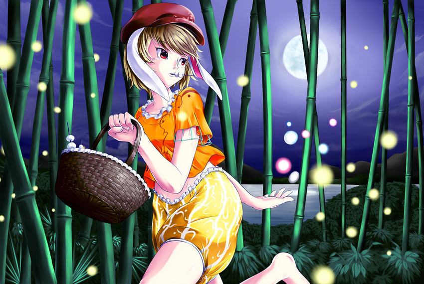 animal_ears barefoot basket blonde_hair bunny_ears dango fireflies food frills hat midriff moon moon_rabbit night pumpkin_shorts red_eyes ringo_(touhou) shirt short_hair shorts solo touhou wagashi yomitrooper