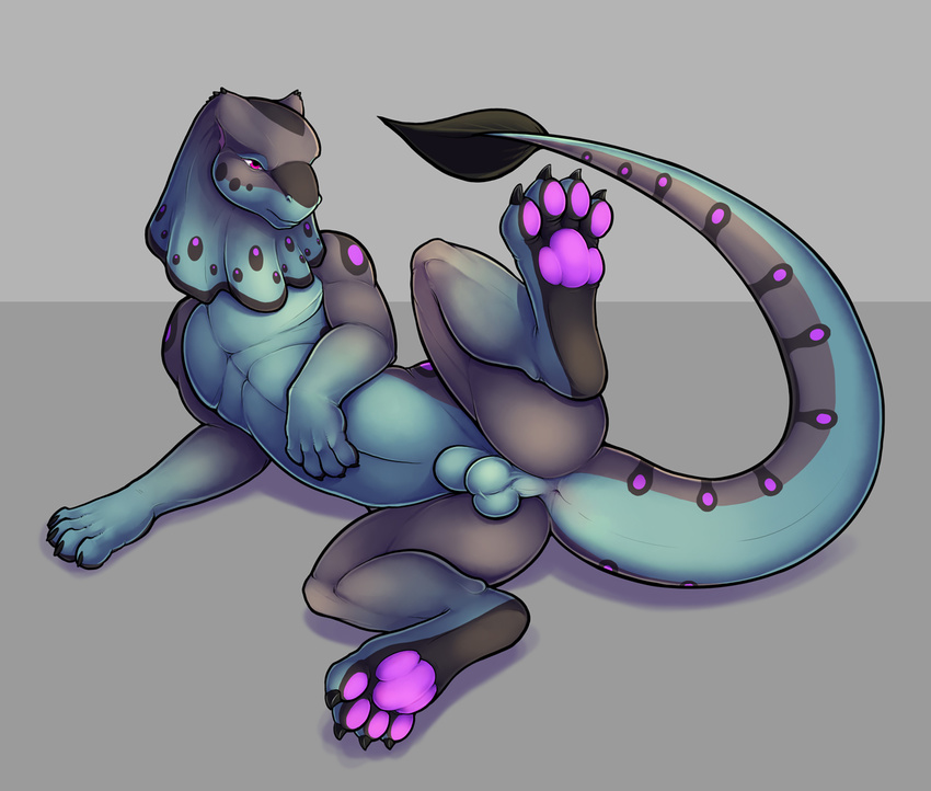 2015 anus balls blue_scales digitigrade dragon feral frill fully_sheathed gravity_(character) grey_background grey_scales head_frill looking_away lying male on_side pawpads paws pink_eyes plain_background purple_scales raised_leg scalie sheath solo spread_legs spreading the_secret_cave