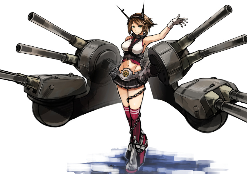 anchor armpits brown_hair cannon chain gloves green_eyes groin highres kantai_collection kneehighs midriff miniskirt mutsu_(kantai_collection) navel nishiide_kengorou short_hair skirt sleeveless solo turret