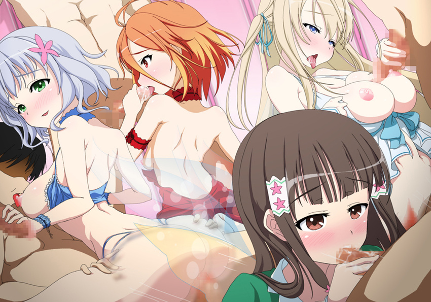 4boys 4girls amagi_brilliant_park areolae ass back bare_shoulders black_hair blonde_hair blue_eyes blue_hair blush breast_sucking breasts breasts_outside brown_eyes censored choker fellatio green_eyes handjob highres koborii_(amaburi) large_breasts legs long_hair mosaic_censoring multiple_boys multiple_girls muse_(amaburi) nipples open_mouth oral orange_hair orgy penis red_eyes salama_(amaburi) sex short_hair small_breasts sylphy_(amaburi) thighs tongue tongue_out vaginal