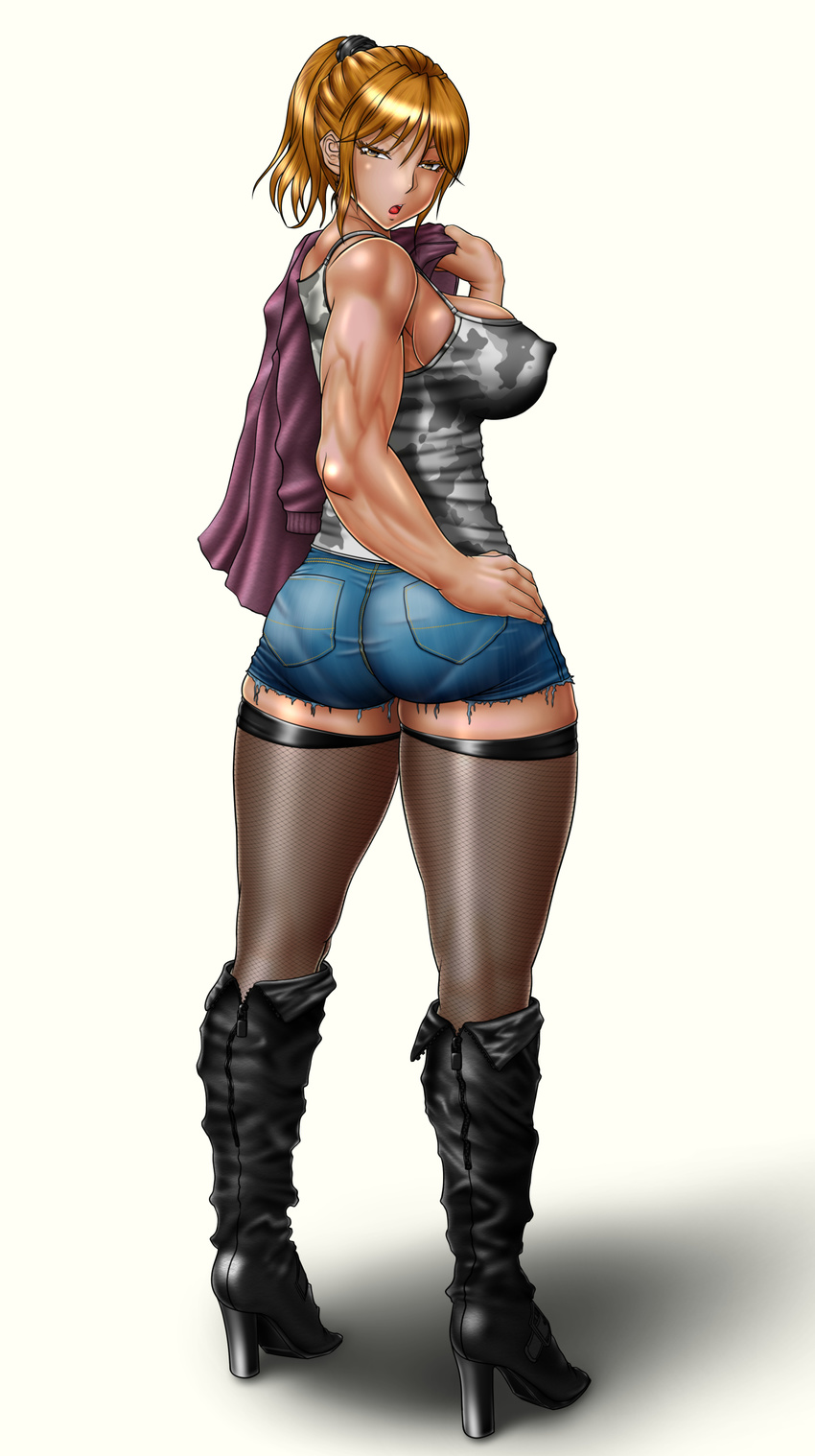 absurdres ass bad_id bad_pixiv_id boots breasts camouflage camouflage_tank_top covered_nipples cutoffs denim denim_shorts fishnet_legwear fishnets from_behind full_body hand_on_hip highres jacket_over_shoulder knee_boots large_breasts long_hair long_legs looking_back muscle muscular_female original ponytail saru_panitumu short_shorts shorts simple_background solo standing tan tank_top thighhighs