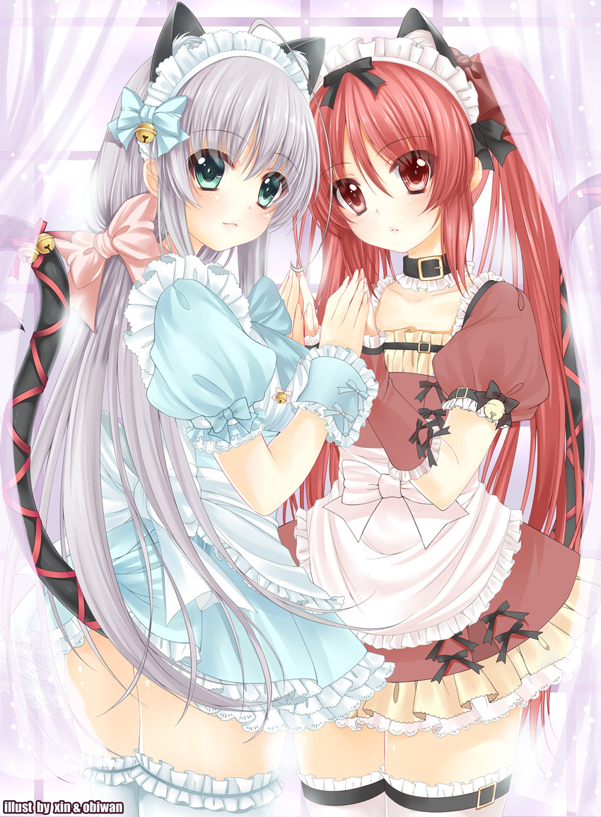 animal_ears bad_id bad_pixiv_id cat_ears cat_tail cthugha_(nyaruko-san) garters green_eyes haiyore!_nyaruko-san highres long_hair maid multiple_girls nyarlathotep_(nyaruko-san) obiwan red_eyes red_hair silver_hair tail thighhighs twintails weisuoxin zettai_ryouiki