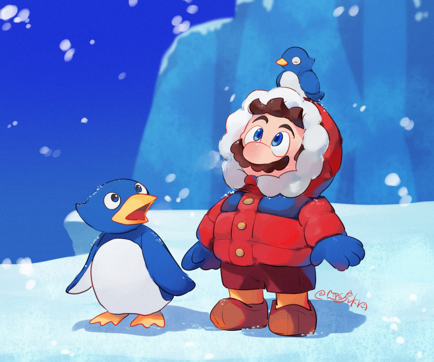 1boy 2others animal_on_head bird bird_on_head blue_eyes blue_gloves brown_hair coat facial_hair gloves hanaon highres hood hood_up hooded_coat mario mario_(series) mario_(snow_suit) multiple_others mustache on_head penguin_(mario) signature snow super_mario_64 super_mario_odyssey tagme winter_clothes winter_coat