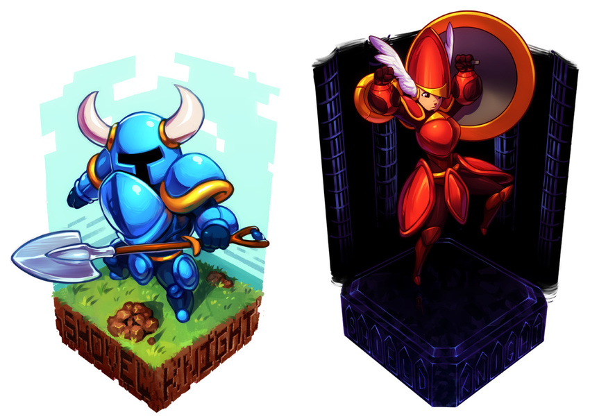 1boy 1girl armor character_name collage full_armor helmet horned_helmet isometric koi_drake shield_knight shovel shovel_knight shovel_knight_(character) simple_background worktool