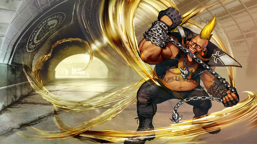 artist_request beard birdie_(street_fighter) boots chain chain_necklace chest_hair cross-laced_footwear dark_skin dark_skinned_male earrings facial_hair fat fat_man fingerless_gloves gloves heart_tattoo highres jewelry lace-up_boots licking mohawk official_art pants street_fighter street_fighter_v tattoo torn_clothes torn_pants vest