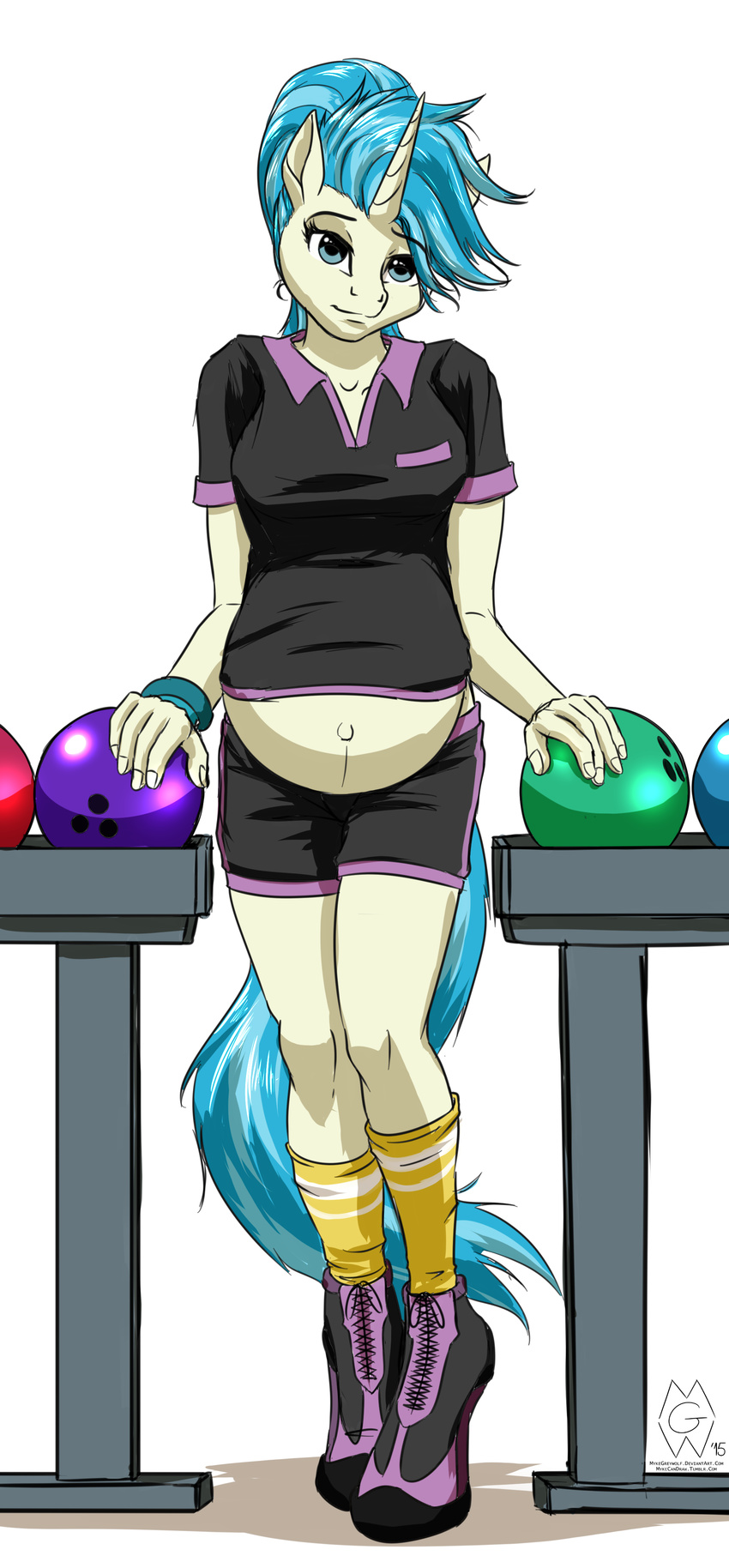 allie_way_(mlp) blue_eyes blue_hair bowling_ball clothing equine female friendship_is_magic hair horn mammal my_little_pony mykegreywolf navel pinny_lane_(mlp) pregnant solo unicorn