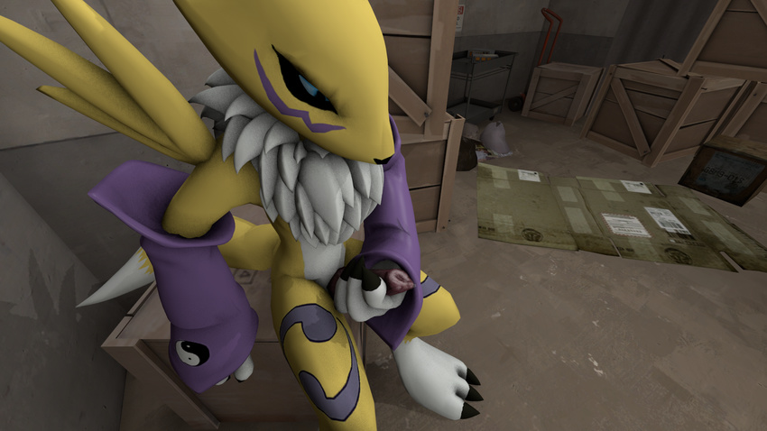 3_fingers 3_toes 3d animal_genitalia anthro black_nose blue_eyes canine canine_penis cgi chest_tuft claws clothing digimon elbow_gloves erection facial_markings fox fur gloves male mammal markings masturbation nude penis renamon solo source_filmmaker squidink toes tuft white_fur yellow_fur yin_yang