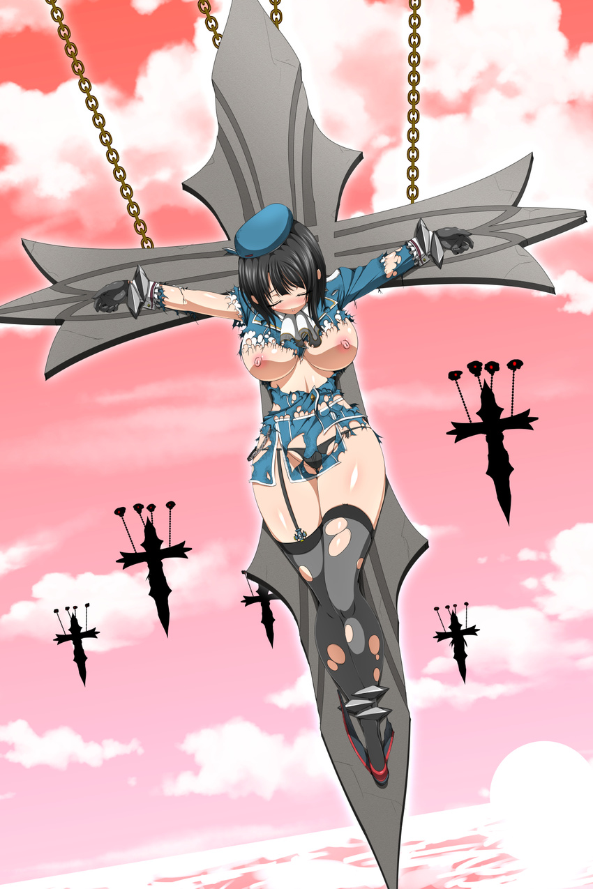 bdsm black_hair bondage bound breasts closed_eyes crucifixion highres kantai_collection large_breasts nipples restrained solo stationary_restraints takao_(kantai_collection) tom-supaiku torn_clothes