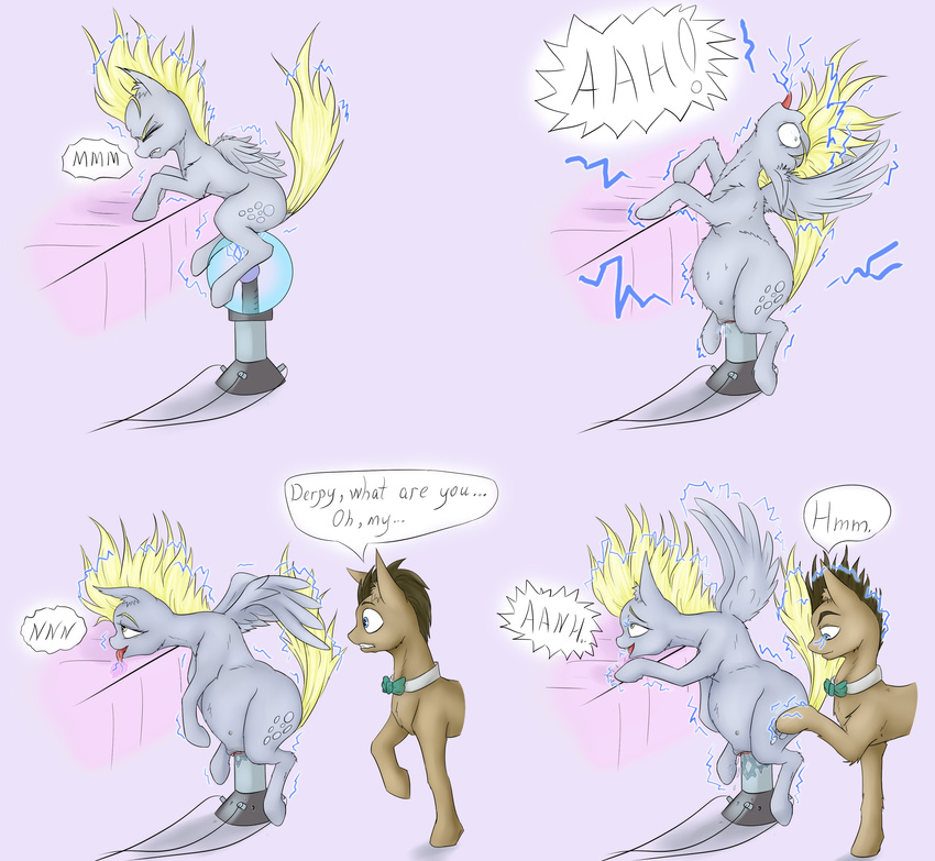 2015 abdominal_bulge absurd_res alcor90 blonde_hair bow_tie brown_fur brown_hair cutie_mark derpy_hooves_(mlp) dialogue doctor_whooves_(mlp) drooling duo earth_pony electro_orb english_text equine eyes_closed female feral friendship_is_magic fur grey_background grey_fur hair hi_res hooves horse inner_ear_fluff male mammal my_little_pony open_mouth pegasus penetration plain_background pony pussy pussy_juice saliva sitting teats text tongue tongue_out vaginal vaginal_penetration wings