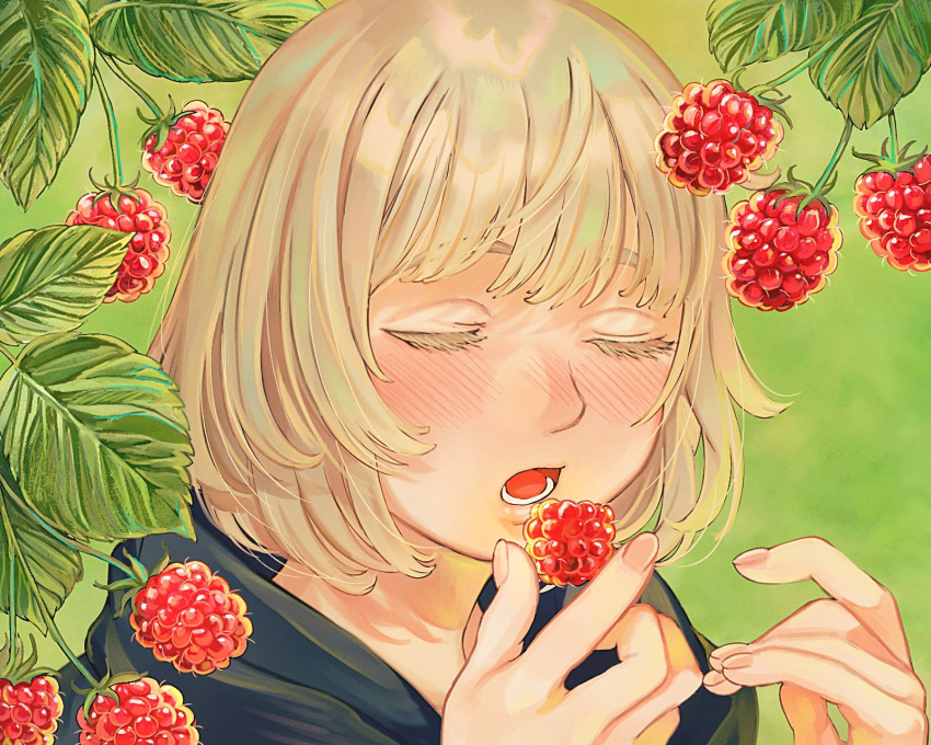 1girl aged_down alt_text black_capelet blonde_hair blush capelet closed_eyes colored_eyelashes dungeon_meshi eyelashes falin_touden falin_touden_(tallman) food fruit hands_up highres holding holding_food holding_fruit hood hooded_capelet leaf lower_teeth_only open_mouth outdoors portrait raspberry sasakura34 short_hair solo teeth