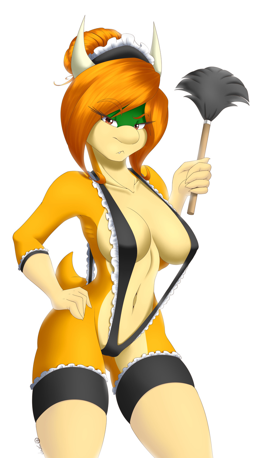 2015 anthro big_breasts bikini breasts camel_toe clothing fangs feather_duster female gloves hi_res horn itsuko103 koopa legwear looking_at_viewer maid maid_uniform mario_bros navel nintendo plain_background pouting scalie sling_bikini solo stockings swimsuit veronica_koopa video_games white_background