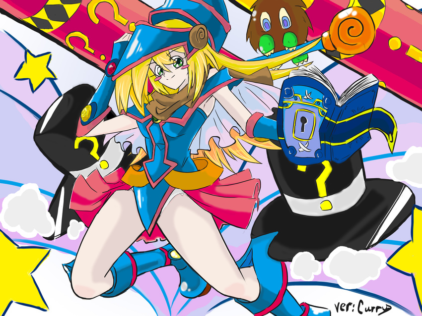 bare_shoulders blonde_hair blush_stickers boots breasts cleavage dark_magician_girl female gradient gradient_background green_eyes hat kuriboh legs long_hair smile staff wizard_hat yu-gi-oh! yuu-gi-ou_duel_monsters