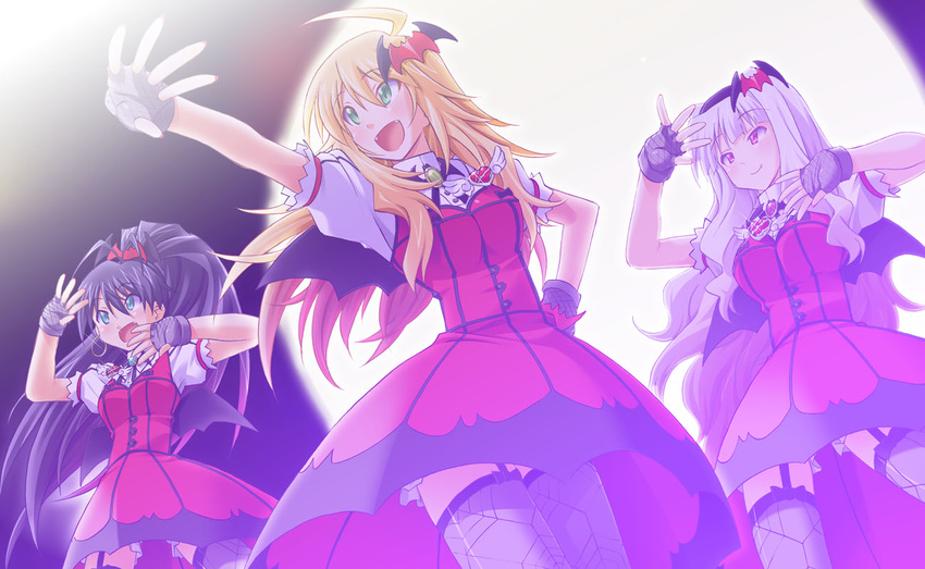 bat_wings blush dress dutch_angle fangs fingerless_gloves ganaha_hibiki gloves hair_ornament hoshii_miki idolmaster idolmaster_(classic) kageyama_shinobi long_hair multiple_girls my_dear_vampire shijou_takane smile wings