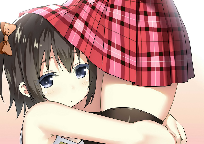 armpit_crease bare_arms bare_shoulders black_hair black_legwear blue_eyes blush borrowed_character bow camisole hair_bow head_under_skirt hug kurumi_(kantoku) looking_at_viewer multiple_girls original plaid plaid_skirt short_hair skindentation skirt sky_(freedom) sky_(sky-freedom) thighhighs yuri zettai_ryouiki