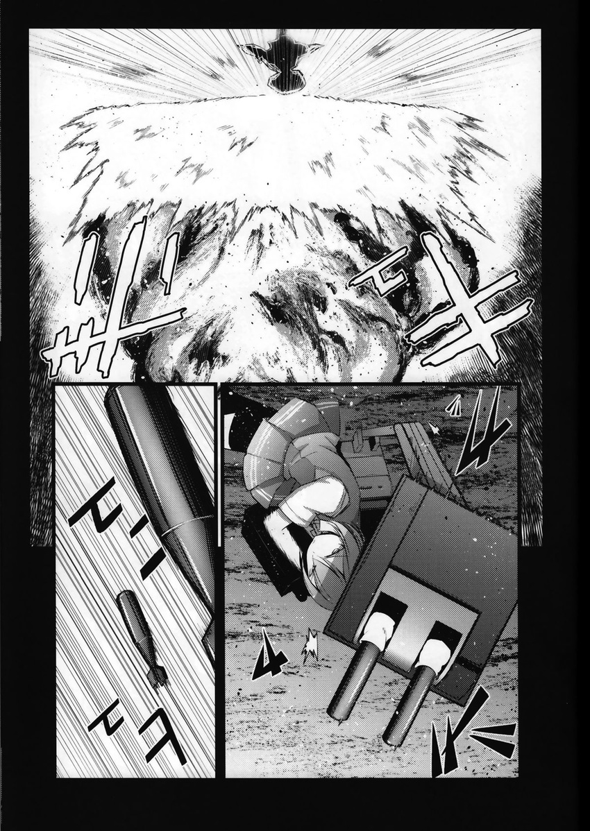 comic doujinshi explosion greyscale highres ichifuji_nitaka_(phase_nine) kantai_collection monochrome school_uniform shiranui_(kantai_collection) skirt torpedo weapon