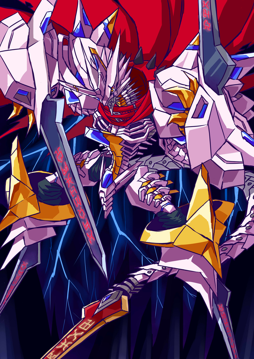 artist_request claws digimon gauntlets gold gradient gradient_background horns jesmon monster no_humans red_cape royal_knights shoulder_pads sword tail torn_cape weapon yellow_eyes