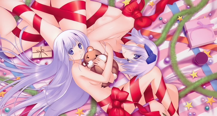 absurdres breasts christmas cryska_barchenowa from_above gift headgear highres indoors inia_sestina large_breasts long_hair lying medium_breasts multiple_girls muvluv muvluv_alternative muvluv_total_eclipse naked_ribbon object_hug on_side purple_eyes purple_hair ribbon scan smile stuffed_animal stuffed_toy teddy_bear underboob