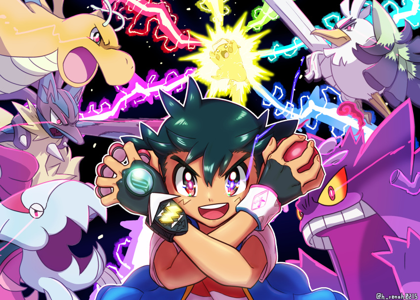 10000000-volt_thunderbolt_(pokemon) 1boy ash_ketchum black_gloves black_hair blue_vest bracelet bright_pupils closed_mouth clothed_pokemon colored_sclera commentary_request crossed_arms dot_nose dracovish dragonite dynamax dynamax_band electricity eye_trail fangs fingerless_gloves food gengar gigantamax gigantamax_gengar gloves h_renah hat highres holding holding_food holding_poke_ball holding_shield holding_spring_onion holding_vegetable holding_weapon jewelry light_trail lucario mega_lucario mega_stone motion_blur nostrils open_clothes open_mouth open_vest pikachu plate poke_ball poke_ball_(basic) pokemon pokemon_(anime) pokemon_(creature) pokemon_journeys pokemon_move red_clouds red_eyes shield shirt short_hair short_sleeves sirfetch'd smile spikes spring_onion teeth upper_body upper_teeth_only v-shaped_eyebrows v-shaped_eyes vegetable vest weapon white_pupils white_shirt yellow_sclera z-crystal z-move z-ring