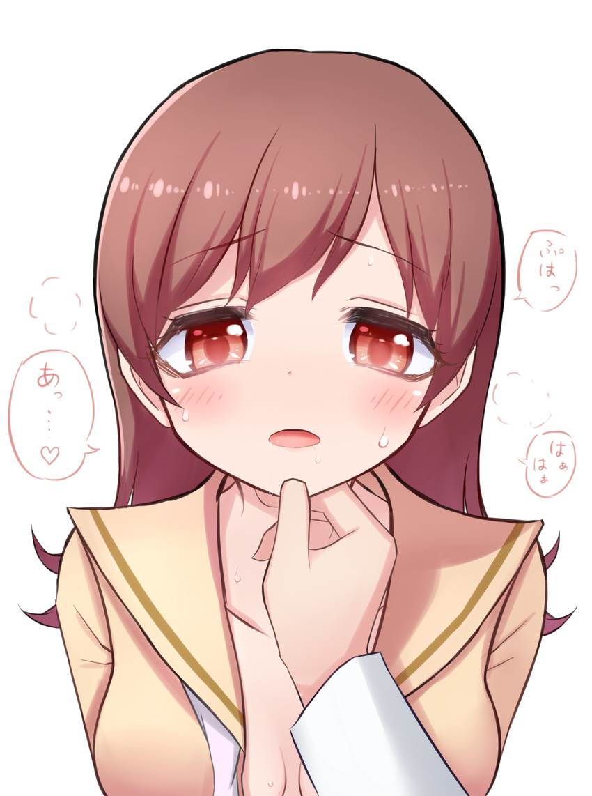 blush breasts brown_hair chin_hold cleavage drooling hand_on_another's_chin heart heavy_breathing highres kantai_collection long_hair looking_at_viewer medium_breasts neit_ni_sei ooi_(kantai_collection) open_clothes open_shirt red_eyes remodel_(kantai_collection) saliva shirt solo_focus sweatdrop