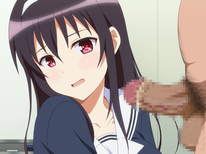 1boy 1girl black_hair blush censored close-up clothed_female_nude_male gradient gradient_background hairband imminent_fellatio kasumigaoka_utaha long_hair miyamaya open_mouth penis red_eyes saenai_heroine_no_sodatekata school_uniform serafuku smegma umasou