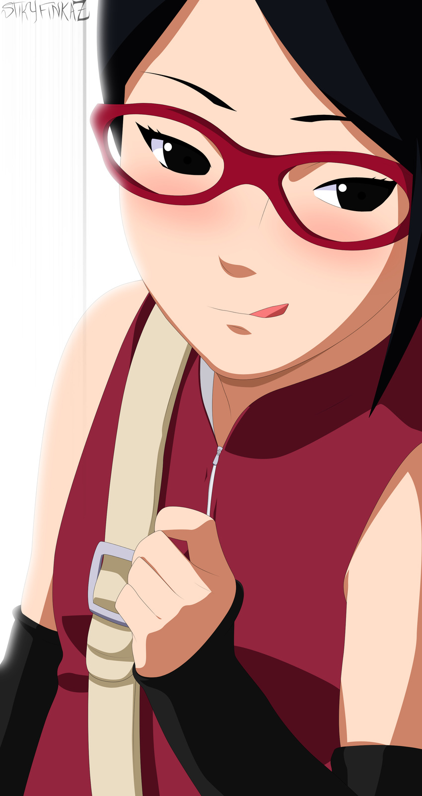 1girl black_eyes blue_hair blush child flat_chest glasses naruto short_hair smile solo stiky_finkaz uchiha_sarada white_background