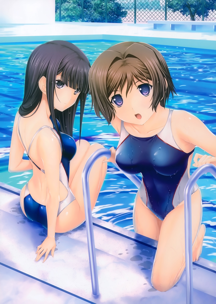 absurdres arm_support artist_request ass bangs black_eyes black_hair blunt_bangs breasts brown_hair collarbone competition_swimsuit covered_navel day from_behind highres leg_up long_hair looking_at_viewer looking_back medium_breasts multiple_girls muvluv muvluv_alternative muvluv_total_eclipse one-piece_swimsuit open_mouth outdoors pool_ladder poolside purple_eyes scan short_hair sitting soaking_feet source_request swimsuit takamura_yui water yamashiro_kazusa younger