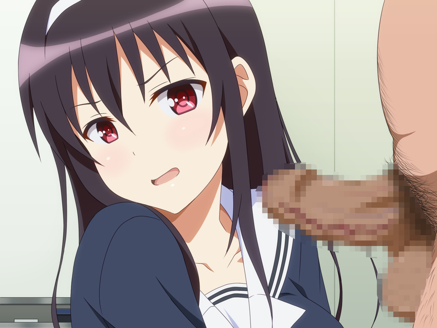 1boy 1girl annoyed black_hair blush censored close-up clothed_female_nude_male gradient gradient_background hairband imminent_fellatio kasumigaoka_utaha long_hair miyamaya open_mouth penis red_eyes saenai_heroine_no_sodatekata school_uniform serafuku sou