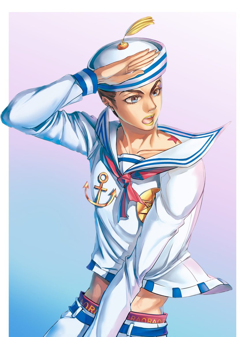 anchor birthmark black_hair blue_eyes border dixie_cup_hat gradient gradient_background hat higashikata_jousuke_(jojolion) highres joestar_birthmark jojo_no_kimyou_na_bouken jojolion male_focus midriff military_hat outside_border poulp sailor_collar searching solo white_border