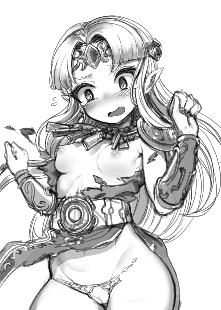 1girl absurdres arms_up blush bracer breasts circlet clenched_hands commentary_request dress embarrassed groin harigane_shinshi highres jewelry long_hair monochrome necklace nintendo nipples open_mouth panties pointy_ears princess_zelda sketch small_breasts solo super_smash_bros. super_smash_bros._ultimate surprised tears the_legend_of_zelda the_legend_of_zelda:_a_link_between_worlds torn_clothes torn_dress torn_panties underwear white_panties wide-eyed