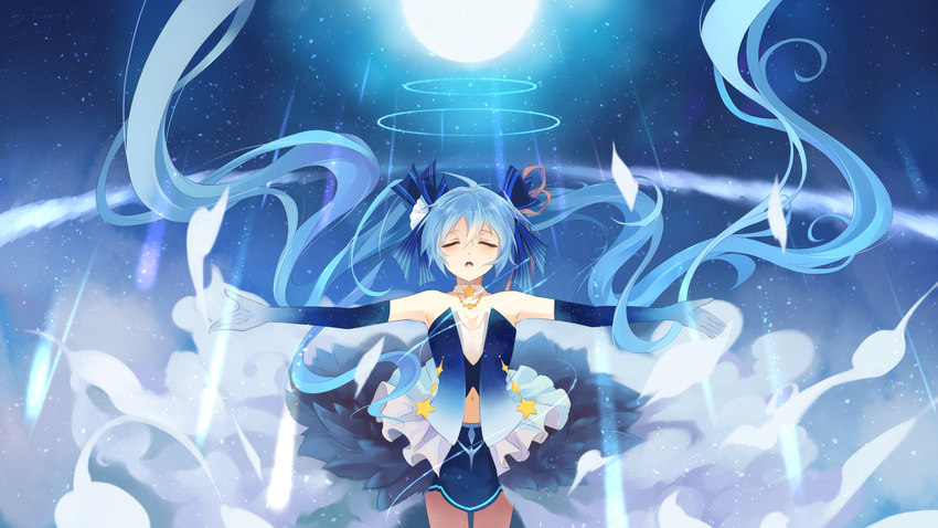 aqua_hair bzerox detached_sleeves hatsune_miku highres long_hair open_mouth outstretched_arms skirt solo thighhighs twintails very_long_hair vocaloid