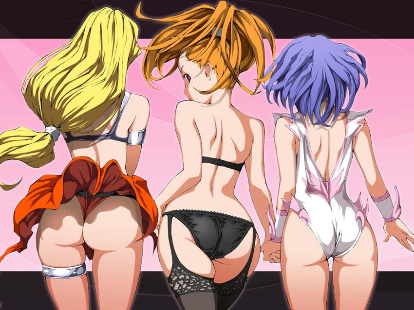 angel_leotard armlet armor ass back barbara bikini_armor black_bra black_legwear black_panties blonde_hair blue_hair bra choker cowboy_shot dancer's_costume_(dq) dragon_quest dragon_quest_vi from_behind garter_straps gradient gradient_background hair_tie highres hips holding_hands lace lace-trimmed_panties lace-trimmed_thighhighs leotard letterboxed lineup lingerie long_hair looking_back low-tied_long_hair masayan_(minor-ms) mireyu multiple_girls orange_hair outline panties pink_background profile purple_eyes red_panties red_skirt sash sexy_underwear_(dq) short_hair shoulder_blades side-by-side skindentation skirt skirt_lift standing strapless strapless_bra tania thighhighs thighlet thighs thong topknot underwear underwear_only very_long_hair wallpaper wind wind_lift wristband