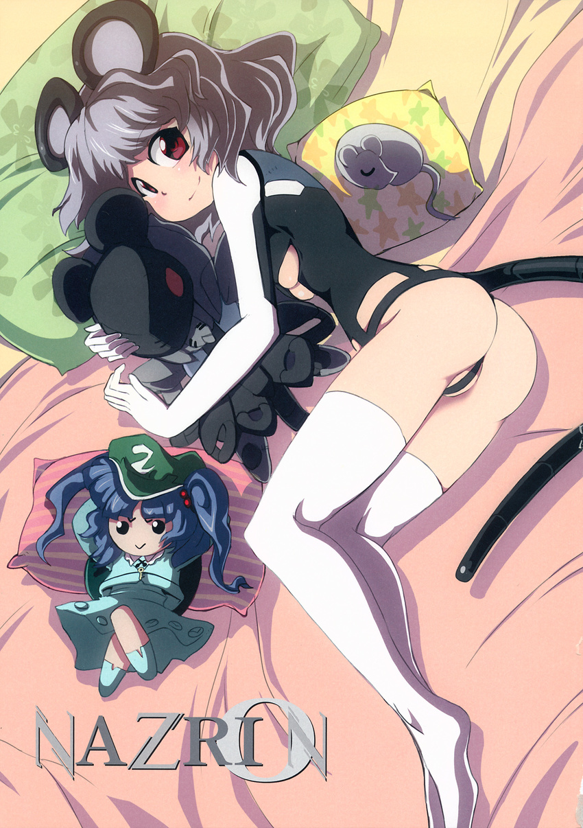 adapted_costume alternate_costume animal animal_ears ass black_panties blush breasts character_doll character_name floral_print grey_hair highres kawashiro_nitori long_sleeves looking_at_viewer lying mouse mouse_ears mouse_tail nazrin non-web_source on_bed on_side panties pillow red_eyes scan scan_artifacts shirt shope short_hair sleeping small_breasts smile star tail thighhighs thong touhou underboob underwear white_legwear