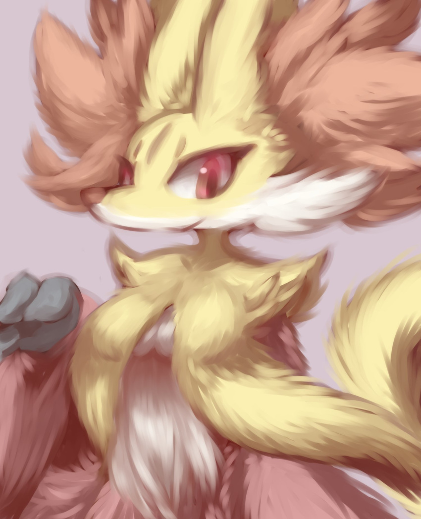 ambiguous_gender big_ears big_eyes breasts canine cheek_tuft chest_tuft claws delphox feral fluffy fur inner_ear_fluff mammal naturally_censored nintendo nude nyaswitchnya paws pok&eacute;mon pok&eacute;mon_(species) red_eyes red_fur shoulder_tuft snout snow snowing solo stick tuft video_games yellow_fur