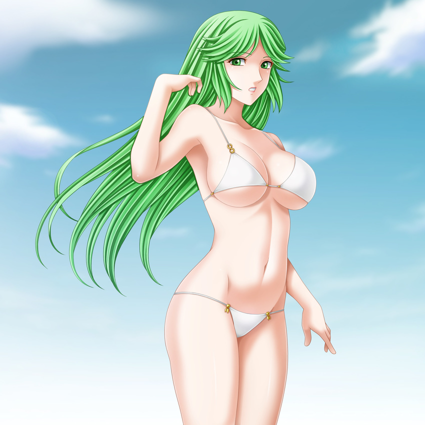 bikini breasts cleavage cloud day green_eyes green_hair hair_flip highres kid_icarus kid_icarus_uprising large_breasts long_hair navel palutena parted_lips shiny shiny_skin sky solo standing swimsuit tamamon thighs white_bikini