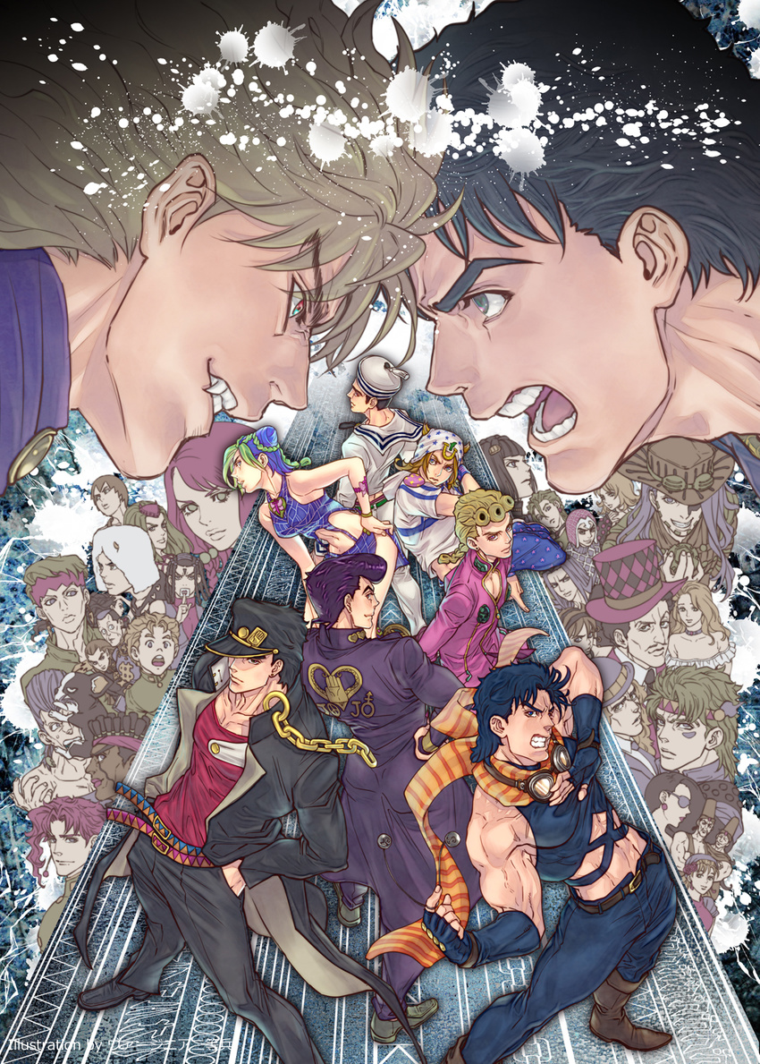 6+girls artist_name bad_id bad_pixiv_id battle_tendency black_hair blonde_hair blue_eyes blue_hair bowler_hat braid bruno_buccellati bug caesar_anthonio_zeppeli chain cowboy_hat diamond_wa_kudakenai dio_brando dixie_cup_hat dog double_bun dress earrings erina_pendleton ermes_costello everyone facial_hair facial_mark fangs fingerless_gloves flower foo_fighters forehead-to-forehead gakuran giorno_giovanna gloves goggles goggles_around_neck goggles_on_headwear green_eyes green_hair grey_hair guido_mista gyro_zeppeli hair_bobbles hair_flower hair_ornament hairclip hairlocs halter_top halterneck hand_on_hip hands_in_pockets hat hazekura_mikitaka headband headdress heart higashikata_jousuke higashikata_jousuke_(jojolion) highres hirose_kouichi hirose_yasuho horseshoe iggy_(jojo) insect jean_pierre_polnareff jewelry johnny_joestar jojo_no_kimyou_na_bouken jojolion jonathan_joestar joseph_joestar_(young) kakyouin_noriaki kishibe_rohan kiss_(stand) kuujou_jolyne kuujou_joutarou ladybug leone_abbacchio lisa_lisa loggins_(jojo) long_hair messina_(jojo) midriff military_hat miniskirt mohammed_avdol multicolored_hair multiple_boys multiple_girls mustache narancia_ghirga narciso_anasui nijimura_okuyasu pannacotta_fugo phantom_blood pompadour purple_hair red_hair road robert_eo_speedwagon sailor_collar scar scarf school_uniform short_hair skirt smile splatter stand_(jojo) star star_print stardust_crusaders steel_ball_run stone_ocean strapless strapless_dress sunglasses suzi_q tattoo top_hat two-tone_hair v-room vento_aureo weather_report will_anthonio_zeppeli yamagishi_yukako