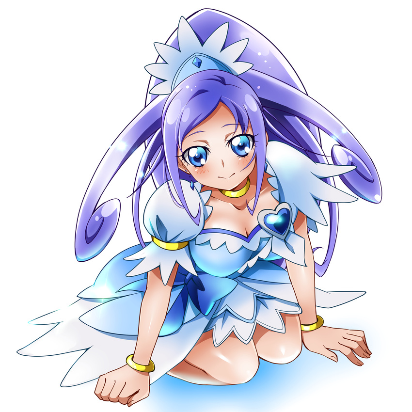 absurdres bad_id bad_pixiv_id blue_bow blue_eyes blue_hair blue_skirt blush bow bracelet choker crystal_earrings cure_diamond curly_hair dokidoki!_precure earrings highres hishikawa_rikka jewelry kneeling long_hair magical_girl ponytail precure sharumon skirt smile solo white_background