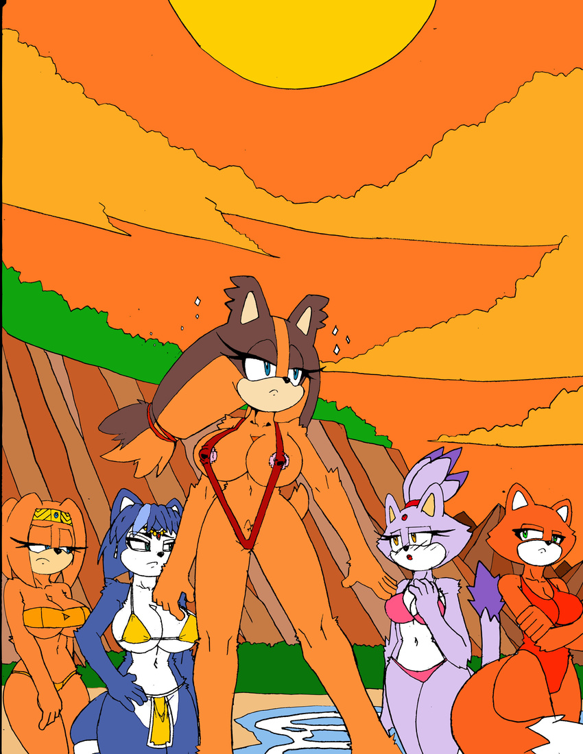 2015 anthro areola badger big_breasts bikini blaze_the_cat breasts canine cat cleavage clothed clothing crossover dreamcastzx echidna erect_nipples feline female fox krystal mammal monotreme mustelid nintendo nipples skimpy sonic_(series) star_fox sticks_the_jungle_badger swimsuit tikal_the_echidna video_games