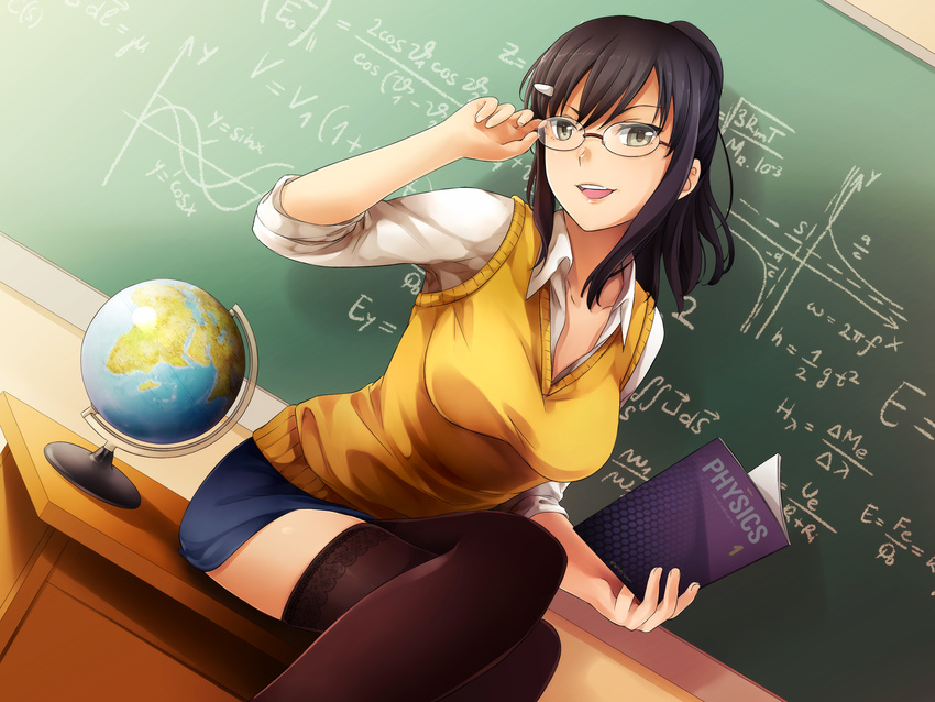 adjusting_eyewear adjusting_hair aiko_yumi black_hair black_legwear book breasts chalkboard classroom collared_shirt crossed_legs desk dutch_angle game_cg garters glasses globe grey_eyes hair_ornament hairclip highres holding holding_book huniepop indoors lace lace-trimmed_thighhighs long_hair looking_at_viewer math medium_breasts miniskirt ninamo non-web_source on_desk open_book open_mouth pencil_skirt rimless_eyewear shirt sitting sitting_on_desk skirt sleeves_pushed_up smile solo sweater_vest taut_clothes teacher thighhighs white_shirt wing_collar zettai_ryouiki