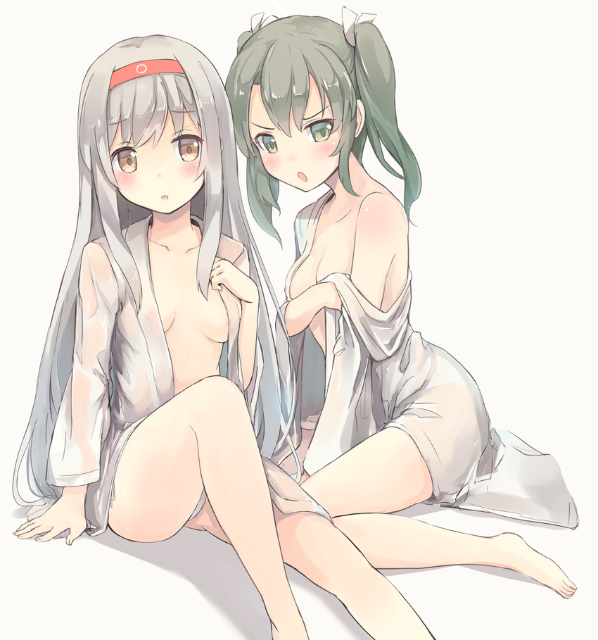 bare_shoulders barefoot black_hair blush breasts brown_eyes collarbone covering covering_breasts grey_eyes hair_ribbon hairband highres isegawa_yasutaka kantai_collection long_hair long_sleeves looking_at_viewer md5_mismatch multiple_girls naked_shirt off_shoulder open_clothes open_mouth open_shirt ribbon see-through shirt shoukaku_(kantai_collection) silver_hair sitting small_breasts twintails very_long_hair zuikaku_(kantai_collection)