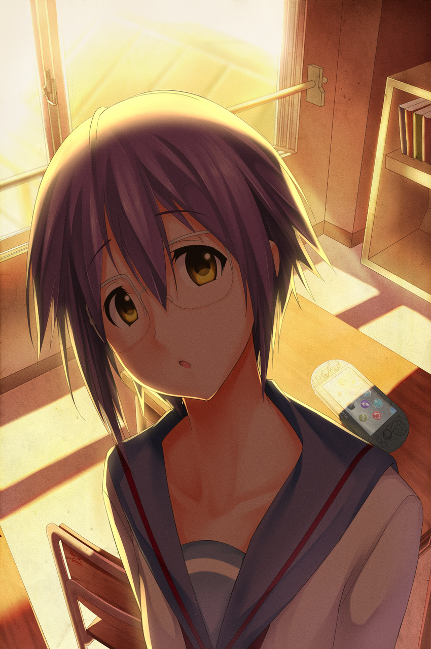 brown_eyes classroom glasses handheld_game_console highres kita_high_school_uniform nagato_yuki nagato_yuki-chan_no_shoushitsu playstation_vita purple_hair school_uniform short_hair sunset suzumiya_haruhi_no_shoushitsu suzumiya_haruhi_no_yuuutsu tony_guisado