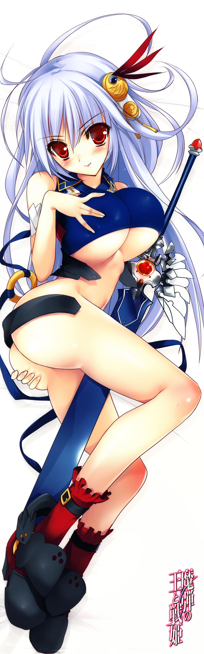 absurdres ass ass_grab blush breasts dakimakura eleonora_viltaria full_body gem grabbing_own_ass grey_hair halter_top halterneck highres jewelry large_breasts legs long_hair looking_at_viewer madan_no_ou_to_vanadis no_panties red_eyes red_legwear ring solo sword underboob weapon yoshiwo