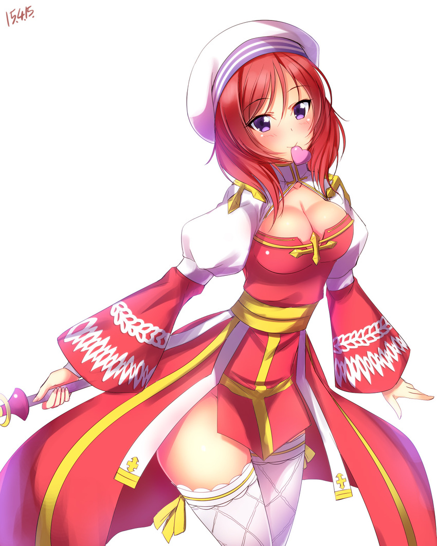 alternate_color archbishop archbishop_(cosplay) blush breasts cleavage cosplay dated hat heart highres long_sleeves looking_at_viewer love_live! love_live!_school_idol_project medium_breasts mouth_hold nishikino_maki purple_eyes ragnarok_online red_hair short_hair simple_background solo thighhighs white_background white_legwear yu-ta