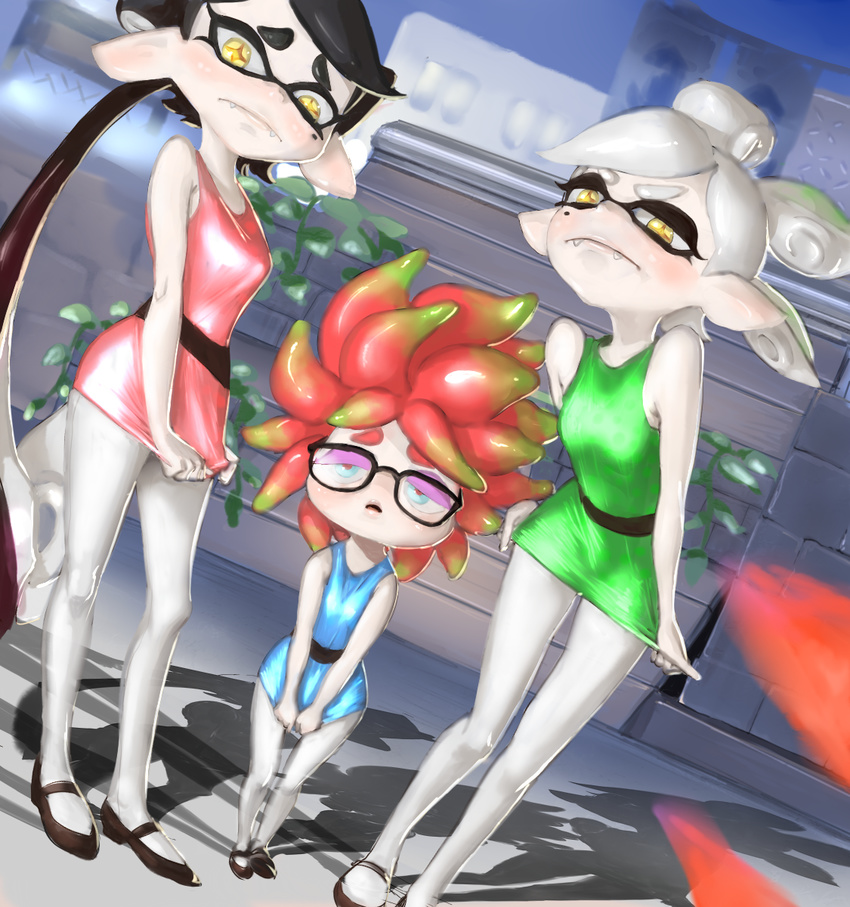 3girls anemo_(splatoon) aori_(splatoon) bare_shoulders black-framed_eyewear black_hair blossom_(ppg) blossom_(ppg)_(cosplay) blue_dress blue_eyes bubbles_(ppg) bubbles_(ppg)_(cosplay) buttercup_(ppg) buttercup_(ppg)_(cosplay) commentary_request cosplay cousins dabohaze_(artist) domino_mask dress eyeshadow fangs frown glasses green_dress highres hotaru_(splatoon) leaf long_hair makeup mary_janes mask mole mole_under_eye multiple_girls open_mouth pale_skin pantyhose pink_dress pink_hair pointy_ears powerpuff_girls rob_(splatoon) shoes short_dress short_hair silver_hair splatoon_(series) splatoon_1 symbol-shaped_pupils tentacle_hair white_legwear yellow_eyes