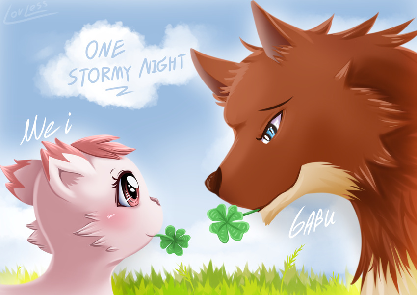 2015 ambiguous_gender blue_eyes blush brown_fur canine caprine cloud cute duo english_text eye_contact feral four_leaf_clover fur goat grass mammal one_stormy_night outside pink_eyes sky text vavacung white_fur wolf