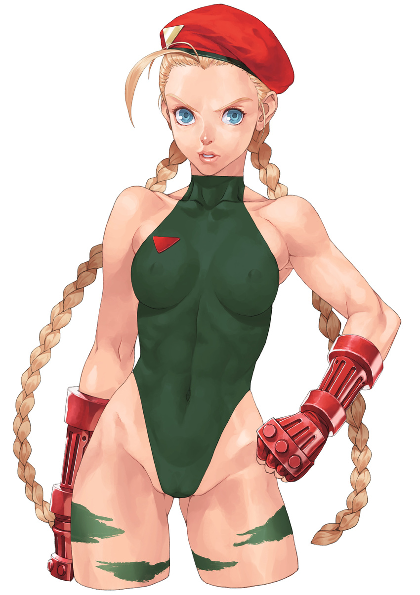 absurdres antenna_hair bad_id bad_nicoseiga_id bare_shoulders beret blonde_hair blue_eyes braid breasts cammy_white camouflage covered_nipples cropped_legs fingerless_gloves gloves green_leotard hand_on_hip hat highleg highleg_leotard highres leotard long_hair medium_breasts muscle muscular_female parted_lips scar serious simple_background solo street_fighter street_fighter_ii_(series) takoyaki_neko-san thong_leotard twin_braids white_background