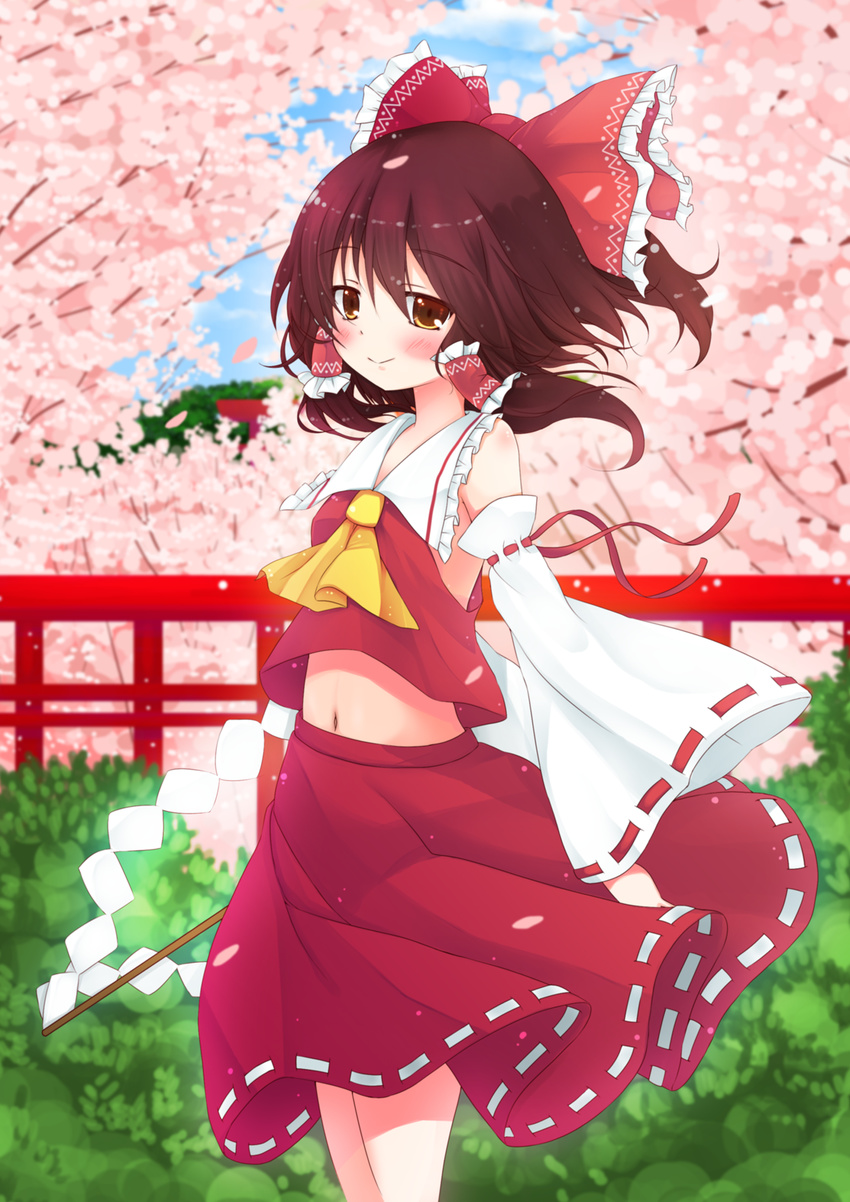 ascot blush bow brown_hair cherry_blossoms detached_sleeves gohei hair_bow hair_tubes hakurei_reimu highres navel petals short_hair smile snowcanvas solo touhou wind yellow_eyes